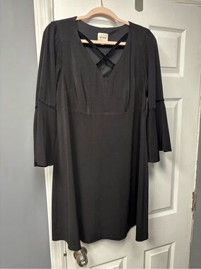 Ashley Graham Black V-Neck Midi Dress with Crisscross Detail